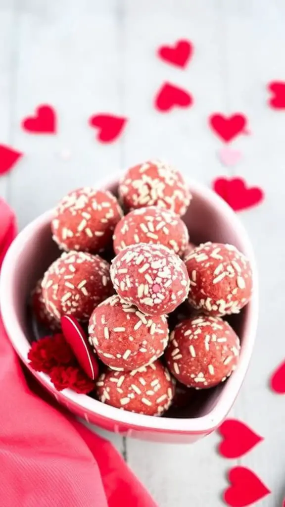 A heart-shaped bowl filled with red velvet energy balls, surrounded by red heart decorations.