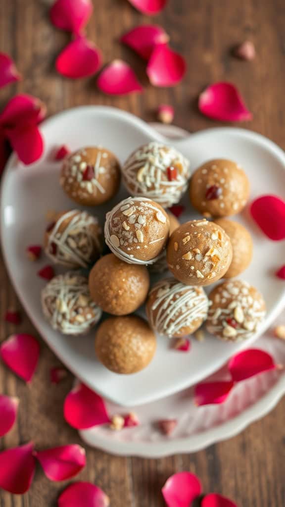 A heart-shaped plate filled with bliss balls, surrounded by rose petals.