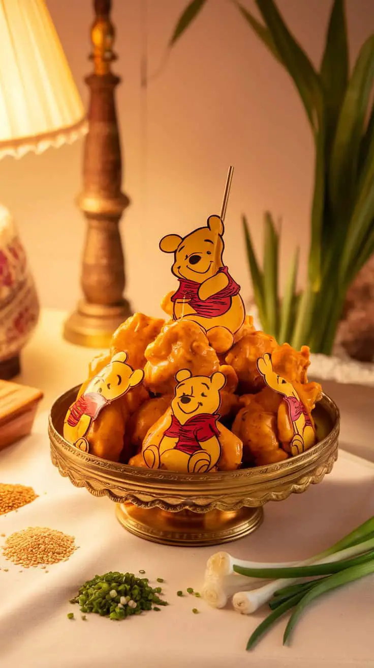 A bowl of honey mustard chicken bites decorated with Pooh Bear toppers, surrounded by sesame seeds and green onions.