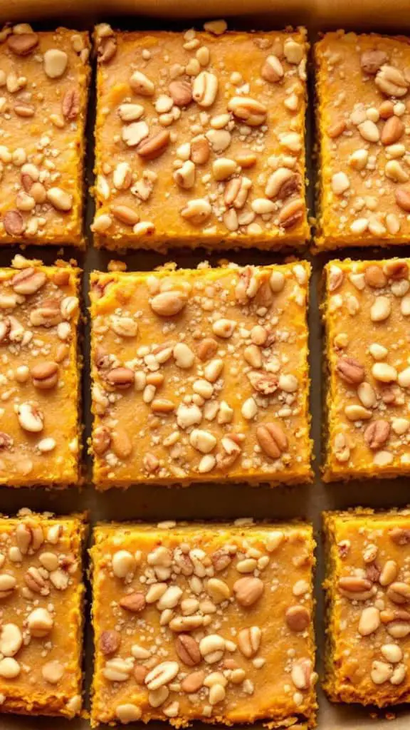 Delicious yellow cake mix pumpkin crunch bars topped with crunchy nuts, sliced into squares.