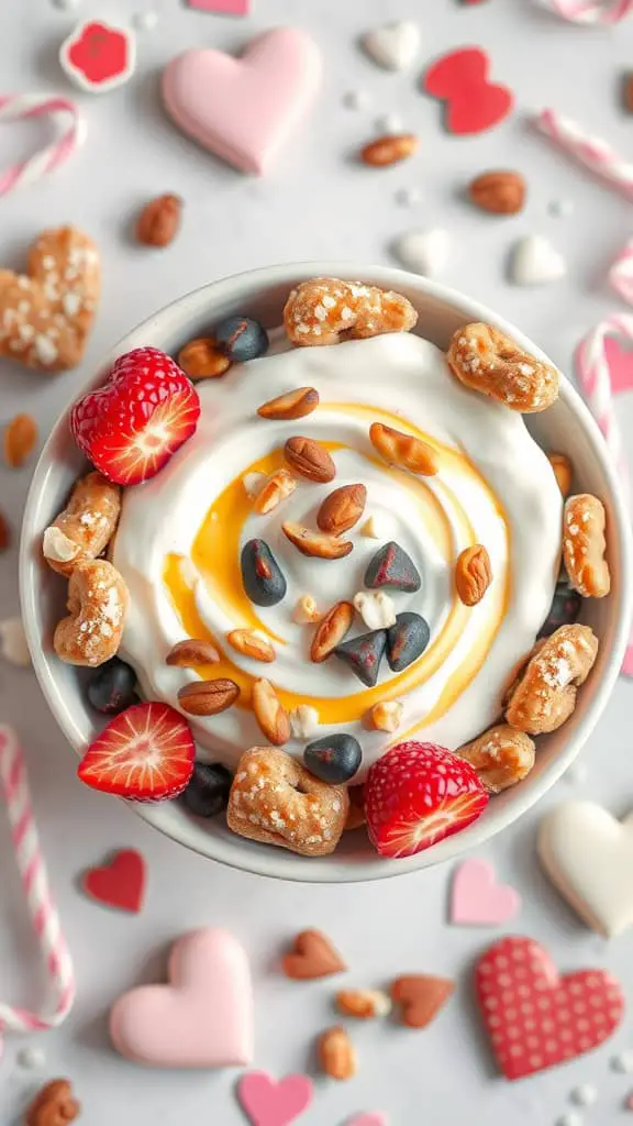 A bowl of yogurt topped with nuts, strawberries, and drizzled with honey, surrounded by heart-shaped decorations.