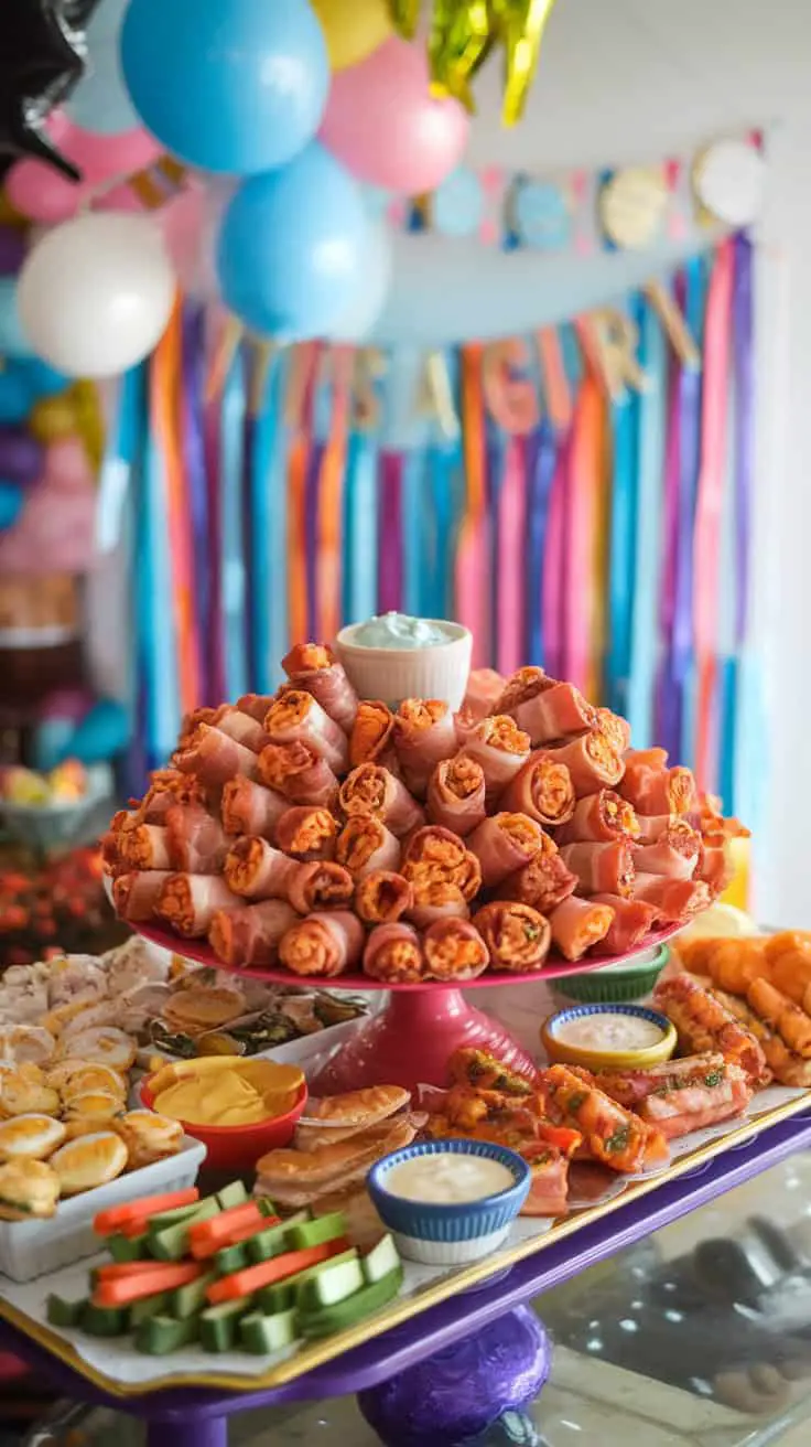 Plate of zesty buffalo chicken roll-ups with dipping sauce, surrounded by colorful party decorations and other snacks.