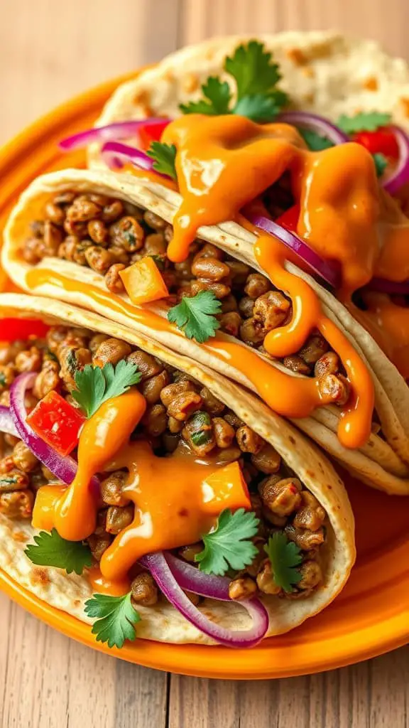 Colorful lentil flatbread wraps filled with seasoned lentils, veggies, and sauce on an orange plate.