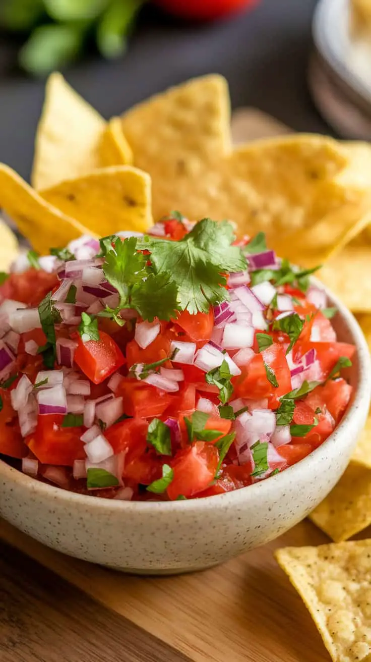 A bowl of pico de gallo with tortilla chips on the side.