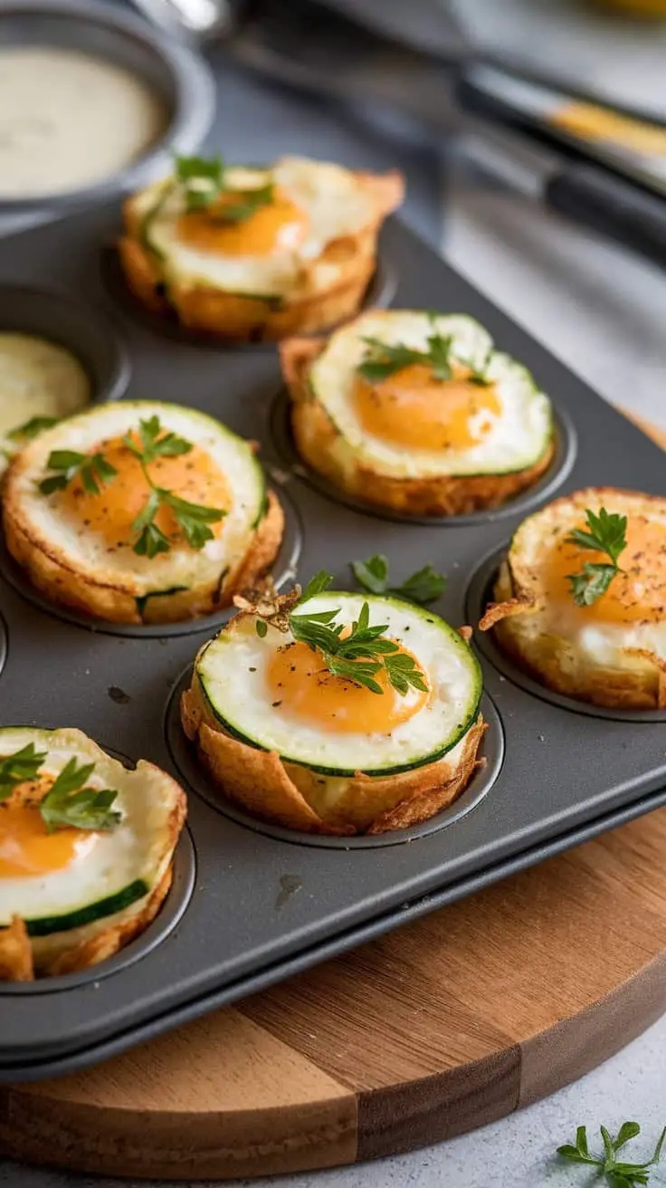 Muffin tin filled with zucchini parmesan egg bites topped with parsley