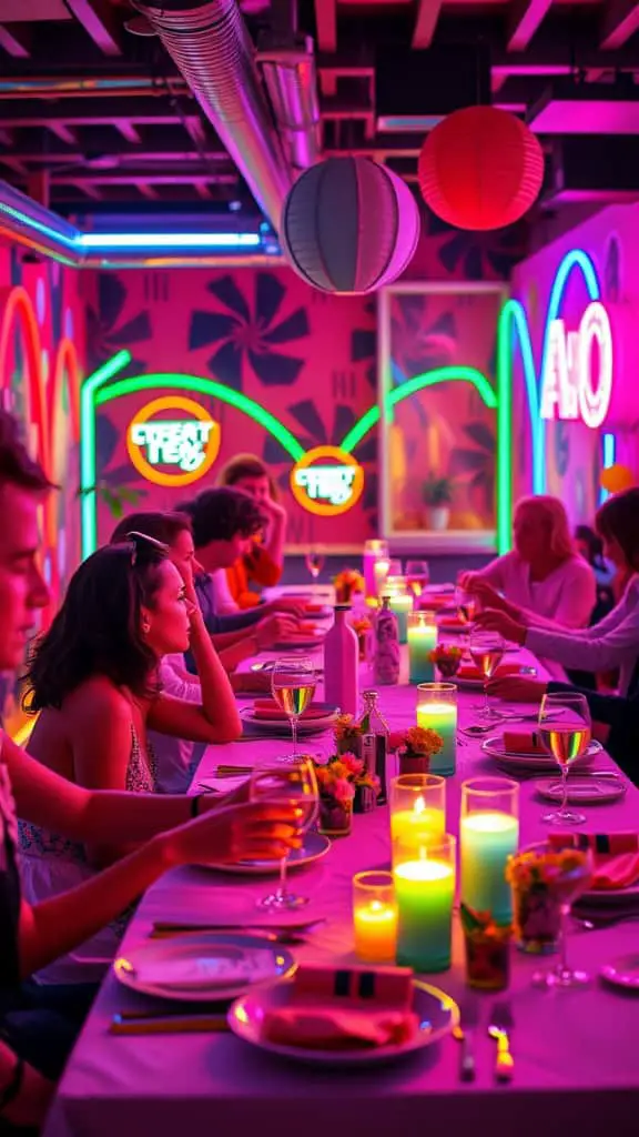 An 80s themed dinner party with neon lights and colorful decorations.