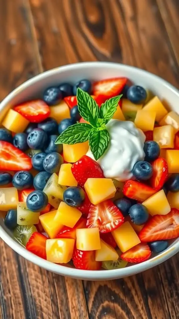 A colorful fruit salad with strawberries, kiwi, pineapple, blueberries, and yogurt, garnished with mint leaves.