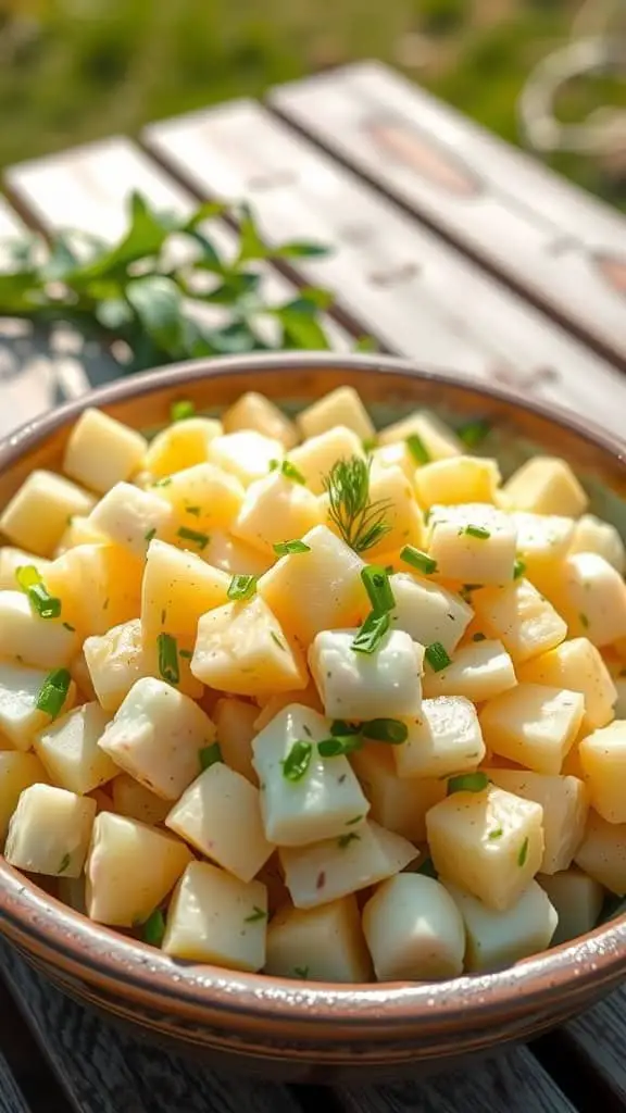 A bowl of potato salad with eggs, dill, and green onions on a picnic table.