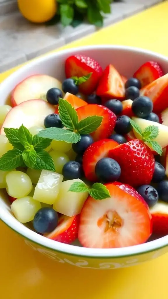 A vibrant fruit salad with apples, grapes, strawberries, and blueberries garnished with mint leaves.