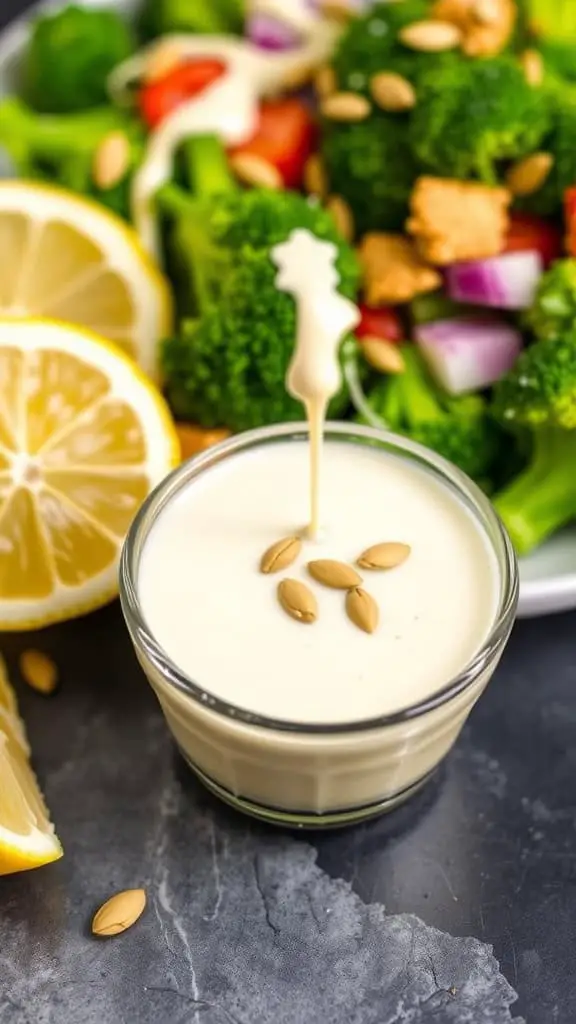 Creamy broccoli salad dressing in a bowl garnished with seeds, with a colorful broccoli salad in the background.