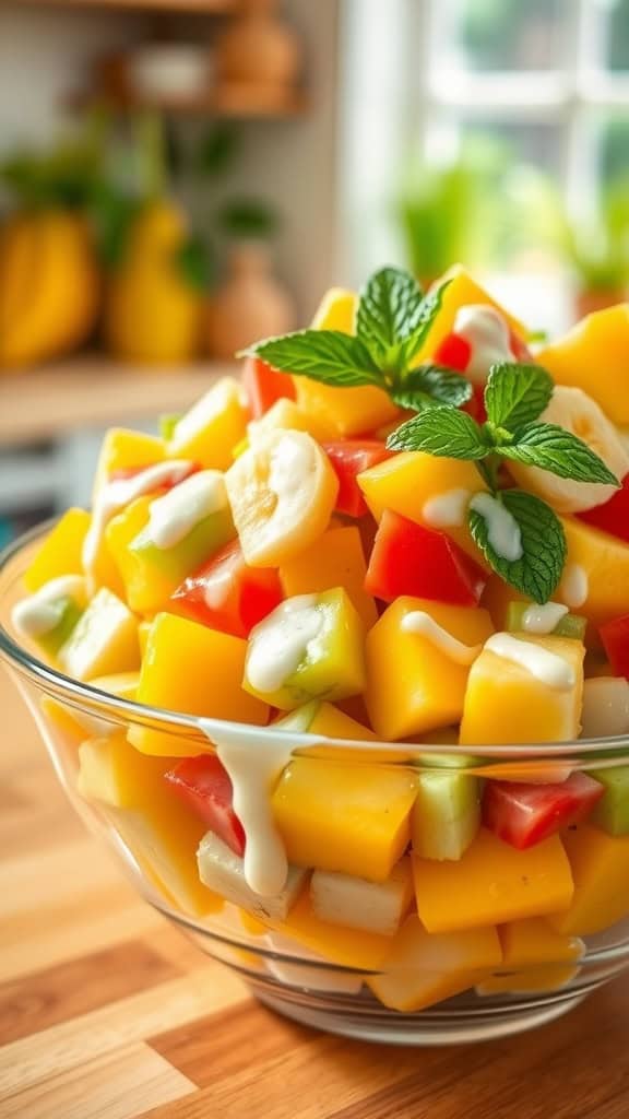 A bowl of colorful Filipino fruit salad with pineapple, mango, green apple, and bananas, garnished with mint.