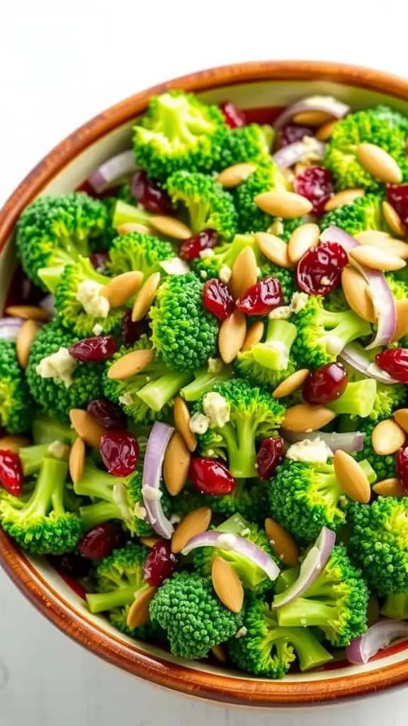 Chopped broccoli salad with red onion, sunflower seeds, and dried cranberries in a rustic bowl, on a bright background.