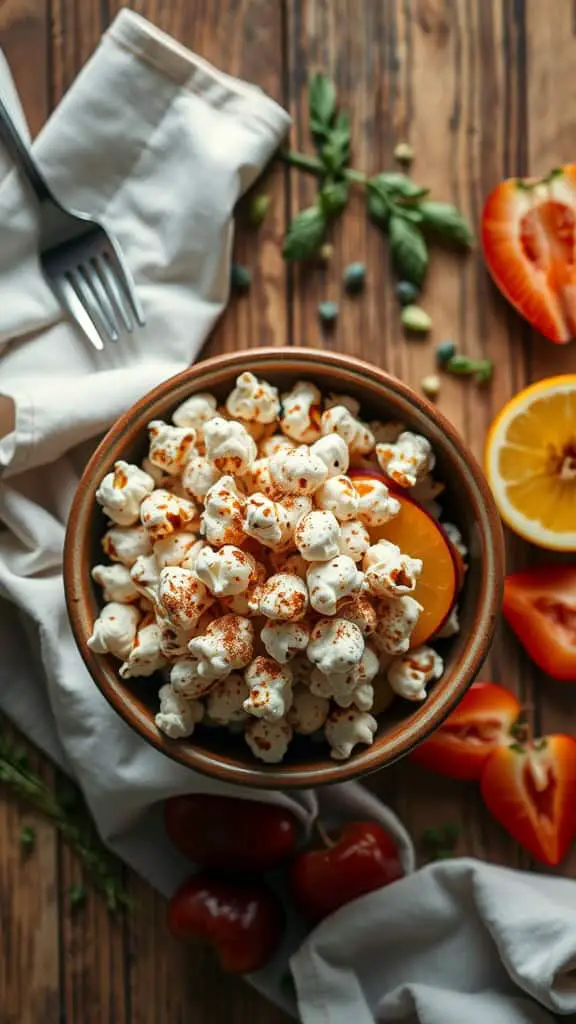 A bowl of air-popped popcorn sprinkled with cinnamon and stevia.