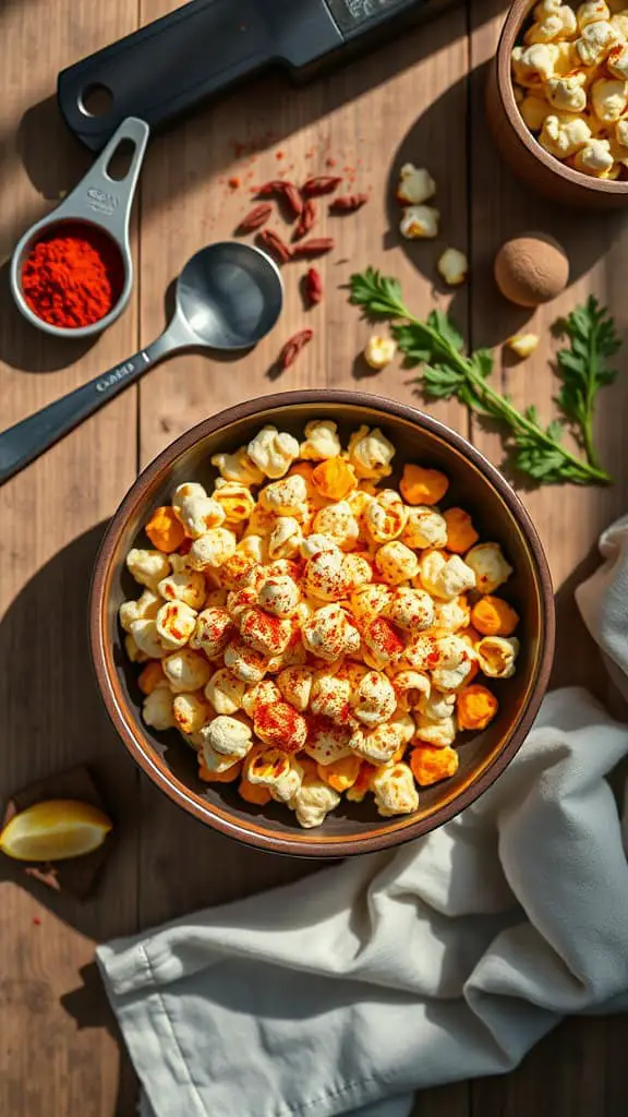 A bowl of air-popped popcorn sprinkled with spices, surrounded by measuring spoons and seasonings.