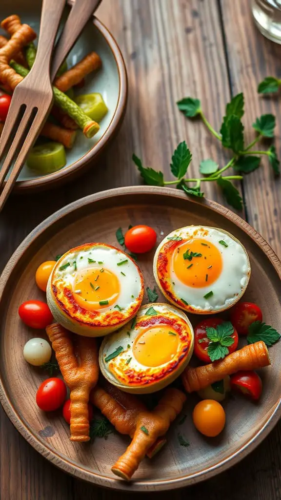 A delicious serving of baked cottage cheese eggs with a crispy top, garnished with fresh herbs