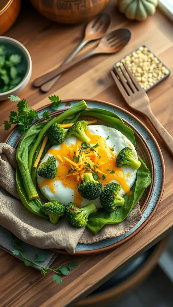 Air fryer baked cottage cheese eggs with broccoli and cheddar on a plate