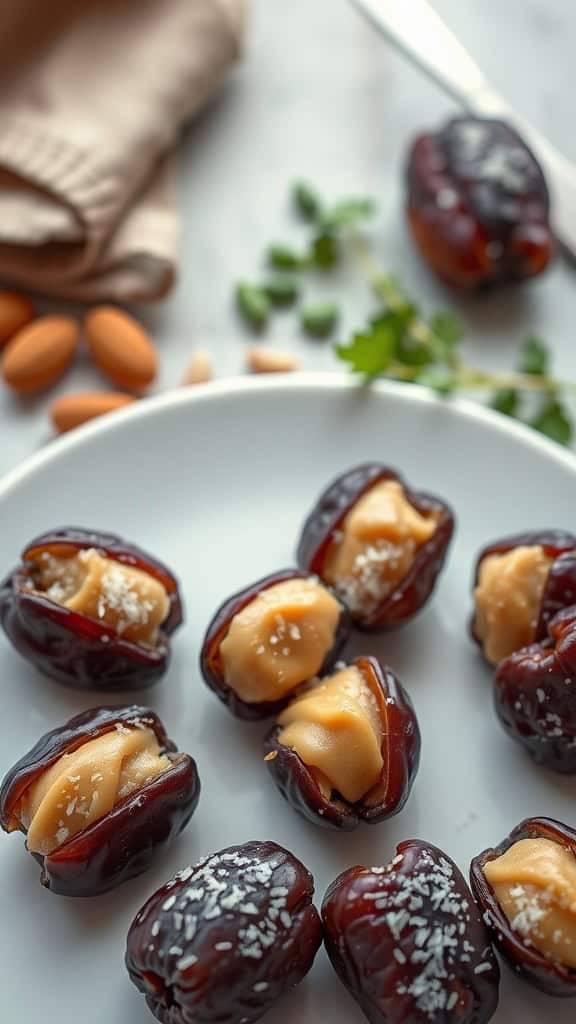 A plate of almond butter filled dates topped with shredded coconut.