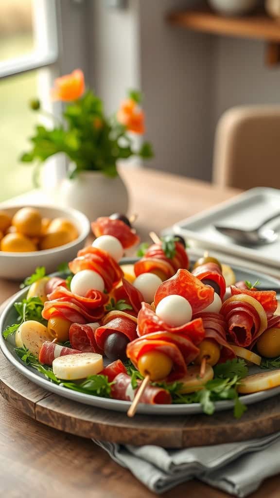 A platter of colorful antipasto skewers with salami, mozzarella, and olives, garnished with fresh herbs.