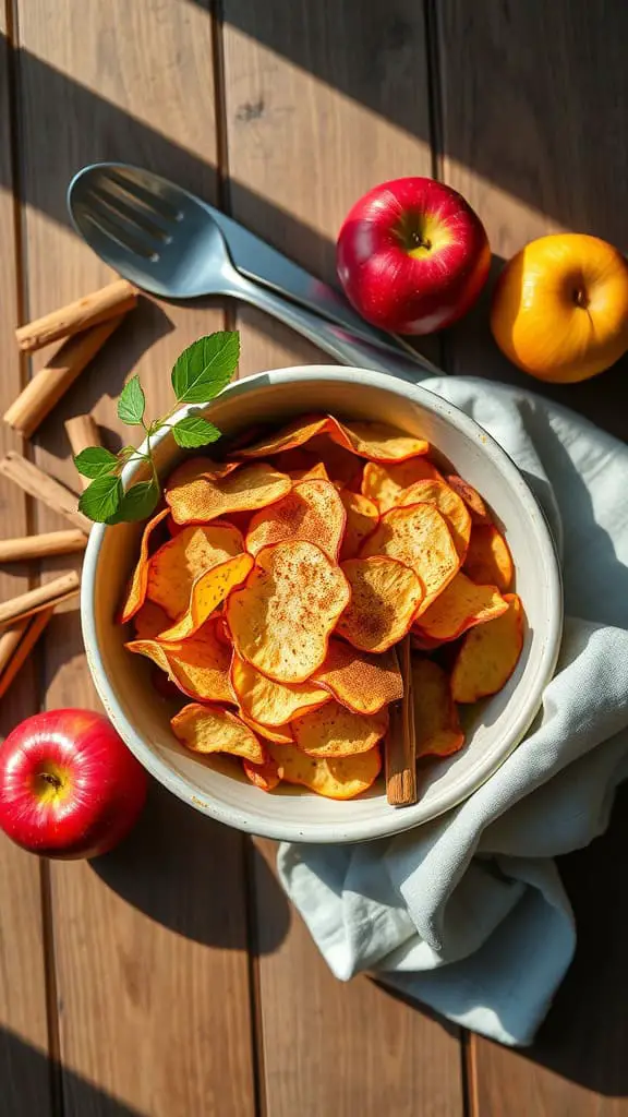 Bowl of crispy apple chips with cinnamon.