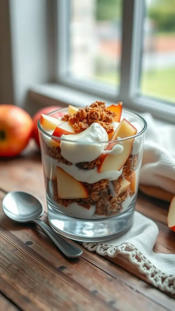 A delicious apple cinnamon parfait made with vanilla yogurt, apple chunks, and cinnamon granola.