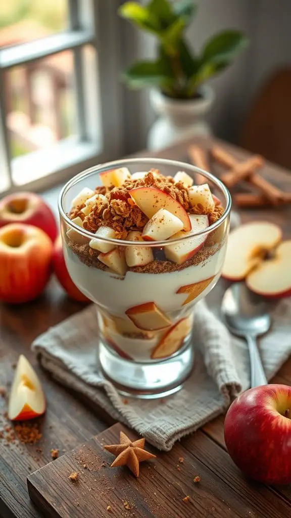 A delicious apple cinnamon yogurt parfait with diced apples and granola.