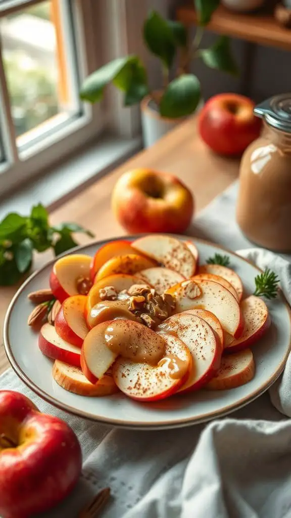 A plate of apple nachos topped with almond butter and cinnamon