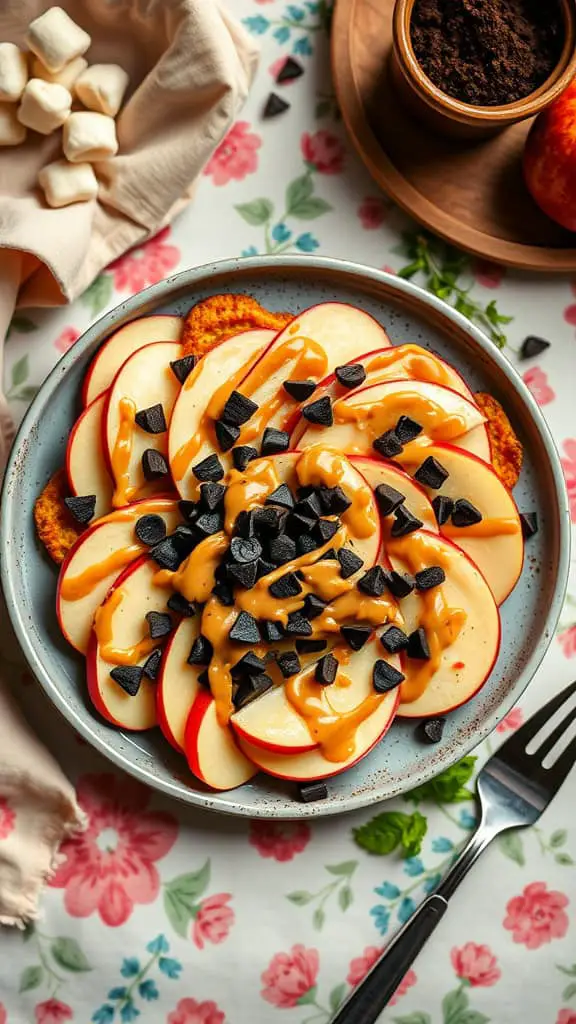 A plate of apple nachos with peanut butter drizzle and dark chocolate chips