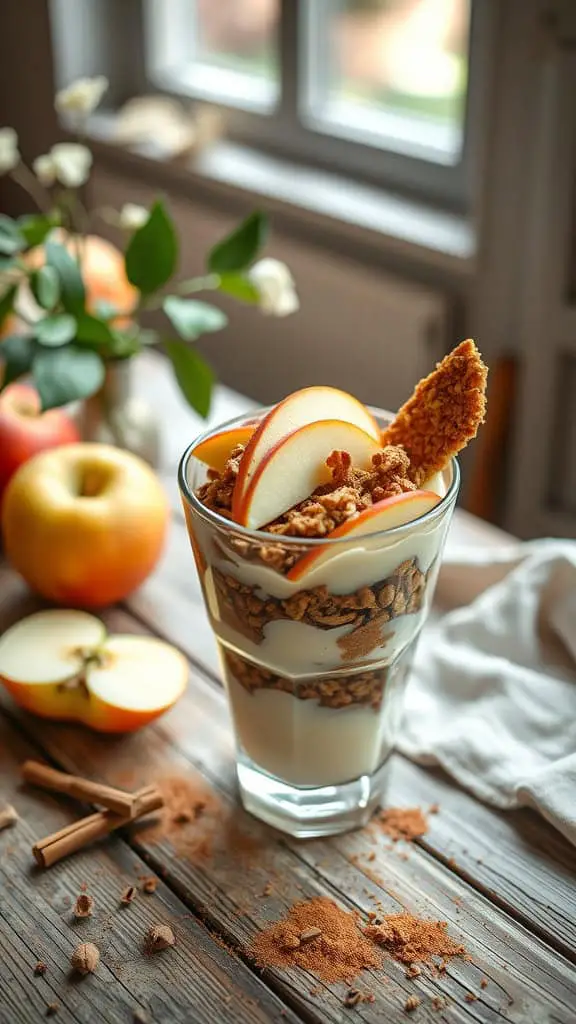 Apple Pie Parfait with cinnamon yogurt, apple slices, and granola