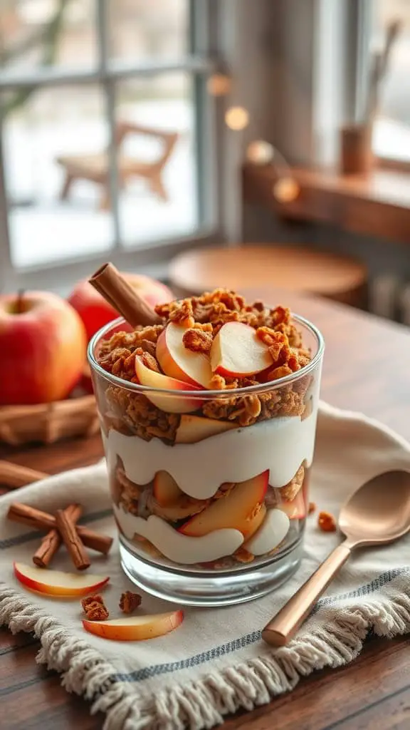 Apple Pie Parfait with layers of vanilla yogurt, spiced apples, and granola