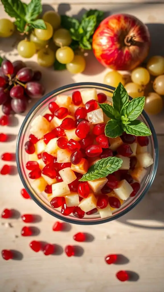 A colorful bowl of Apple Pomegranate Fruit Salad with apples, pomegranate seeds, and grapes, garnished with mint leaves.