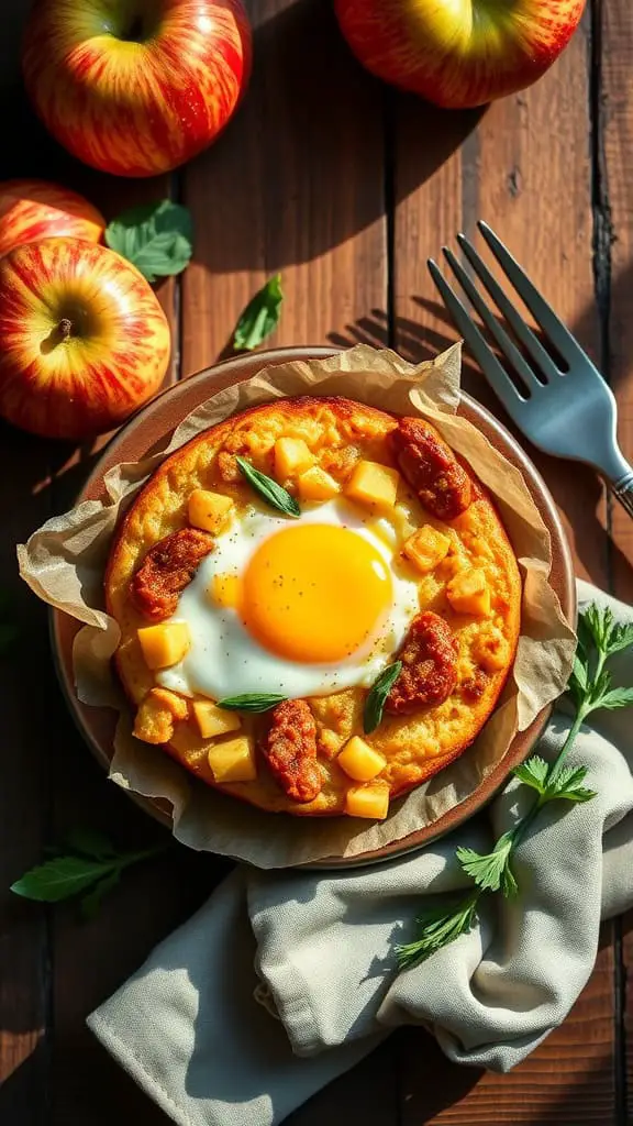 A delicious apple sausage egg muffin on a wooden table, surrounded by fresh apples.