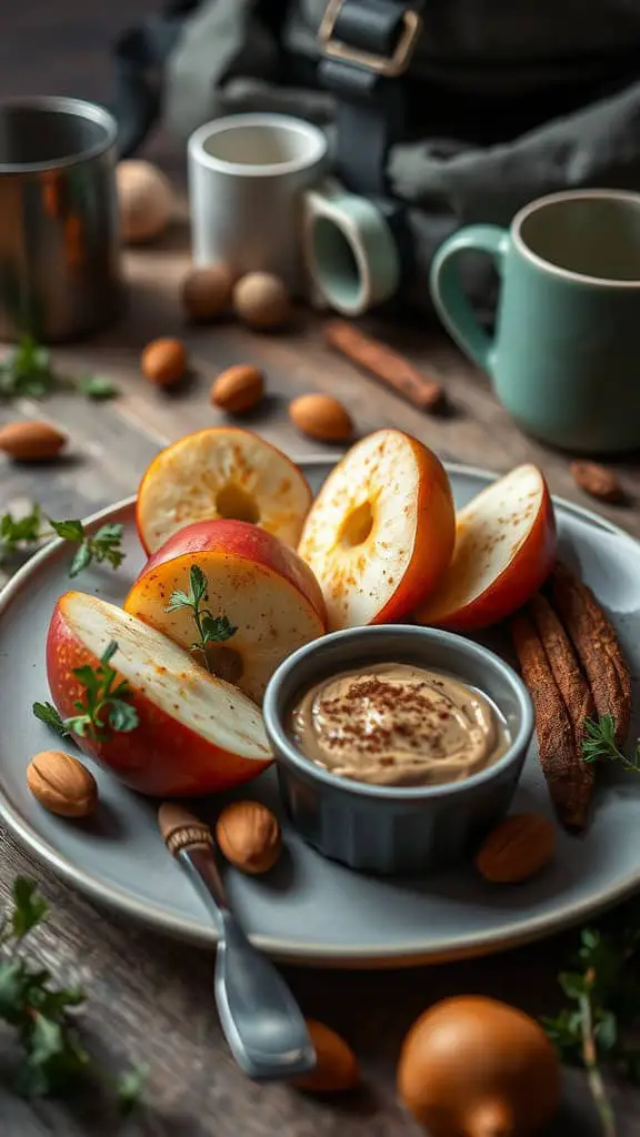 Apple slices with almond butter and cinnamon on a plate