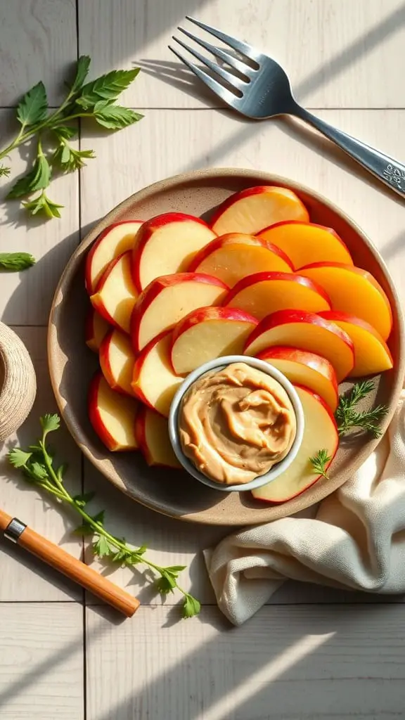 Apple slices arranged on a plate with almond butter dip.