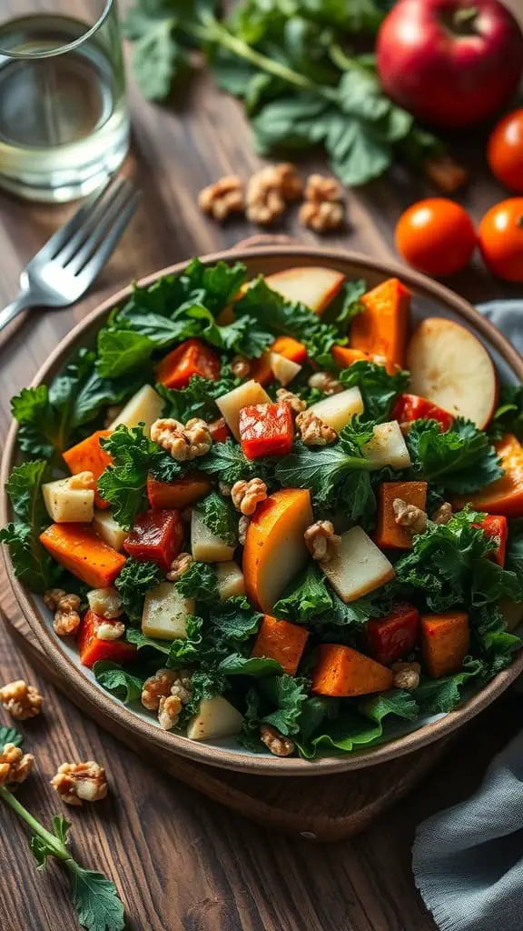 A colorful kale salad with roasted sweet potatoes, diced apples, and walnuts.