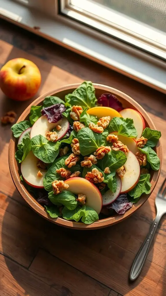 A bowl of Apple Walnut Spring Salad with apple slices, walnuts, and fresh greens.