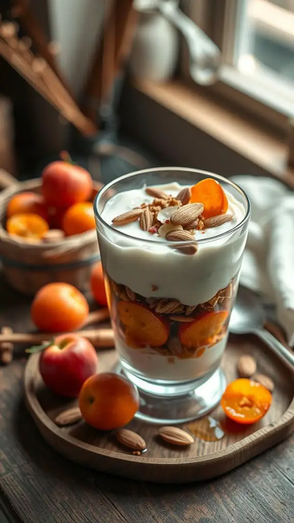 A delicious apricot almond yogurt parfait in a glass, topped with sliced almonds and dried apricots.