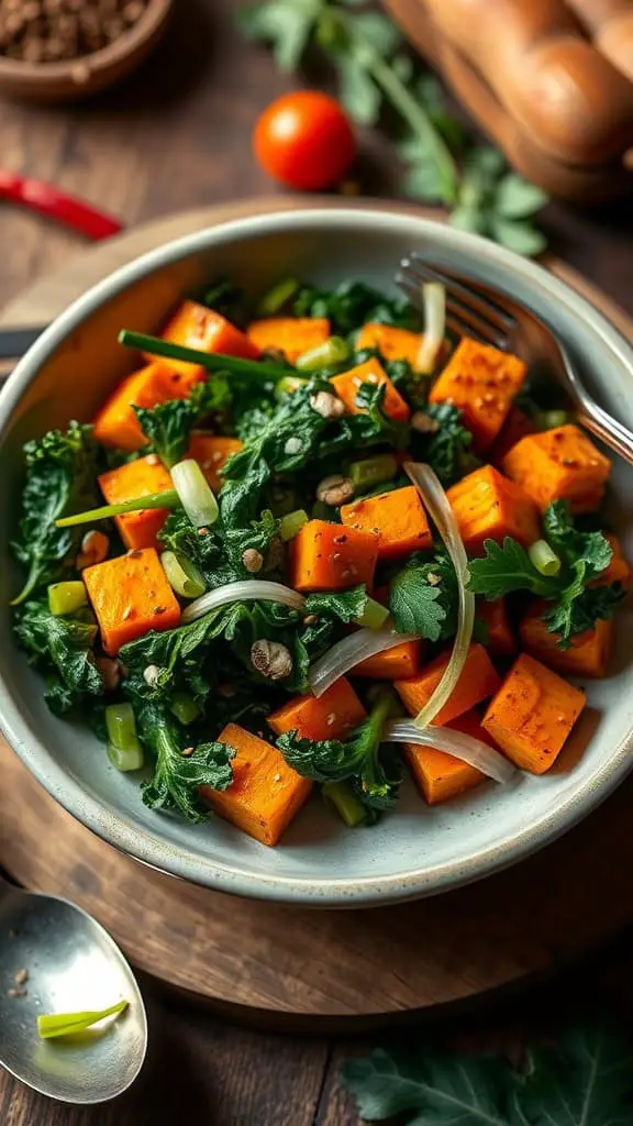 A colorful bowl of kale and roasted sweet potatoes dressed in ginger sesame, garnished with green onions.