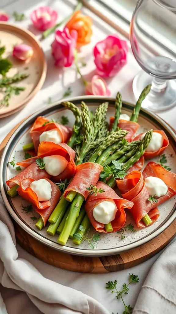 Plate of asparagus spears wrapped in prosciutto, topped with cream cheese