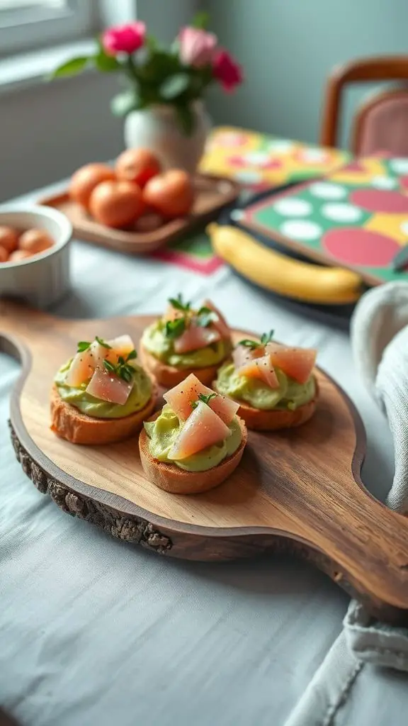 Avocado and ham toast bites on a wooden platter