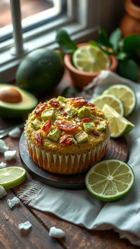 Avocado and Lime Egg White Muffins on a wooden table with lime slices and avocado