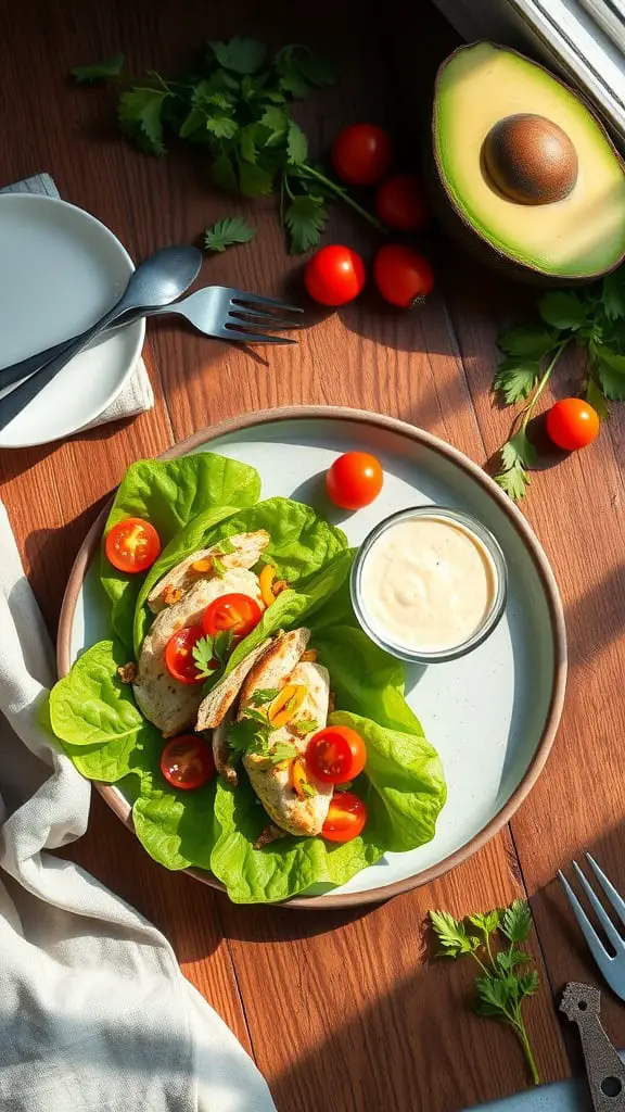 Avocado and turkey lettuce wraps served on a plate with cherry tomatoes and a dipping sauce.