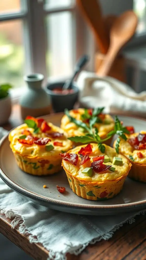 Delicious avocado breakfast egg muffins topped with bacon bits and fresh herbs on a plate.