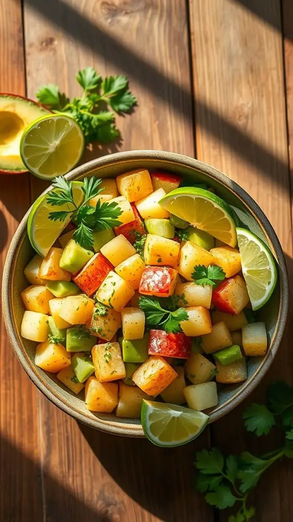 A bowl of avocado cold potato salad with lime and cilantro on a wooden table.