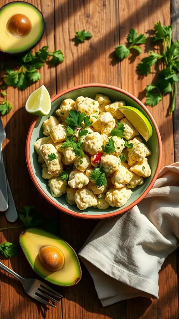 A bowl of Avocado Keto Potato Salad with cauliflower, avocado, and lime juice.