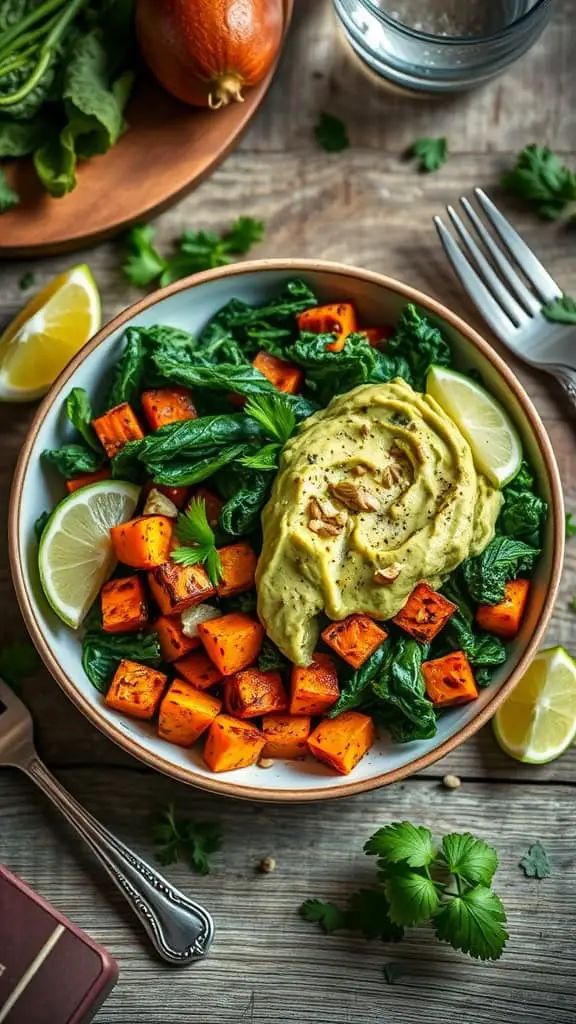 A bowl of kale and roasted sweet potatoes topped with mashed avocado and lime slices.