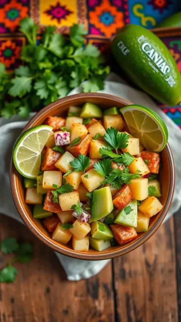 A colorful bowl of avocado Mexican potato salad with diced potatoes, avocado, cilantro, and lime.