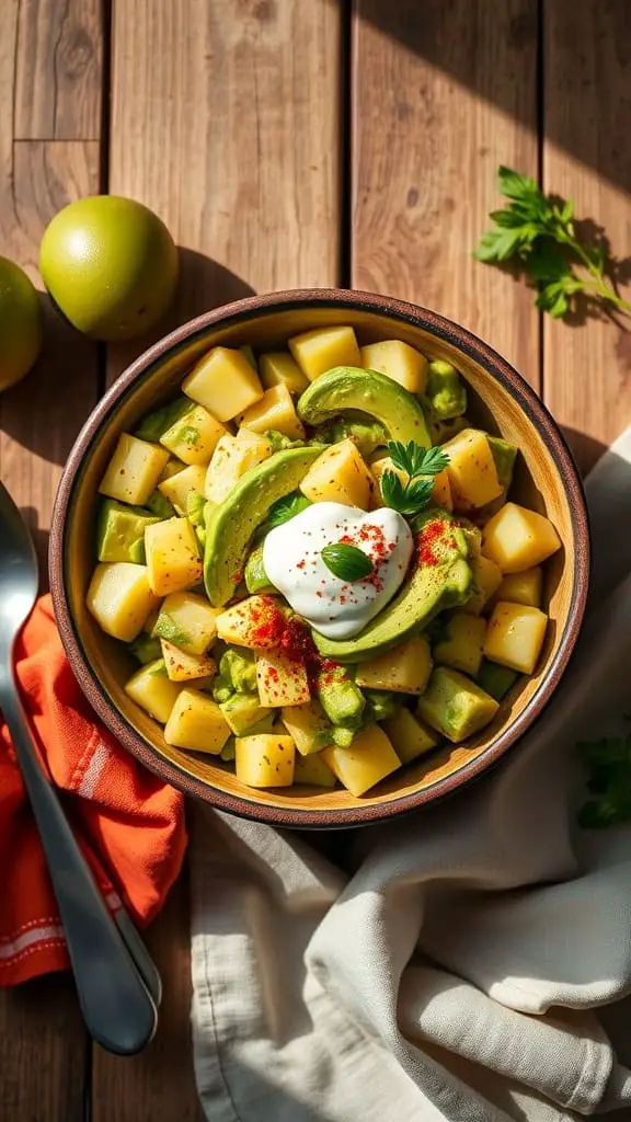 A bowl of avocado potato salad with chopped cilantro and paprika on top.