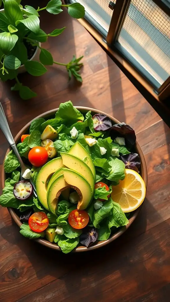 Avocado Spring Salad with lemon dressing and spring mix lettuce