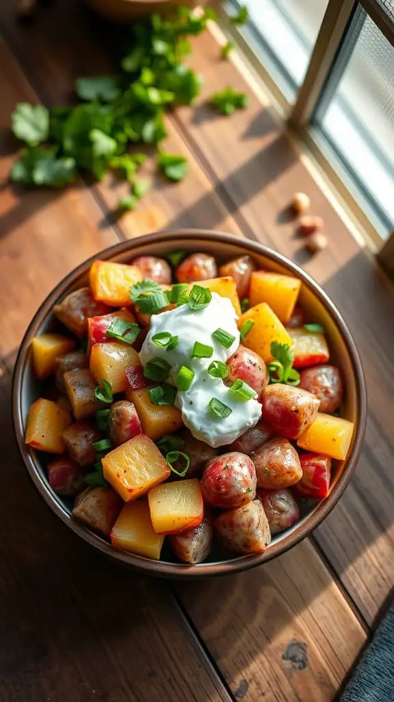 Bowl of Mexican potato salad with red potatoes, bell peppers, Greek yogurt, and green onions