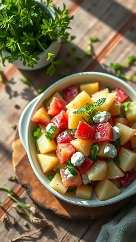 A bowl of cold potato salad made with Greek yogurt and celery.